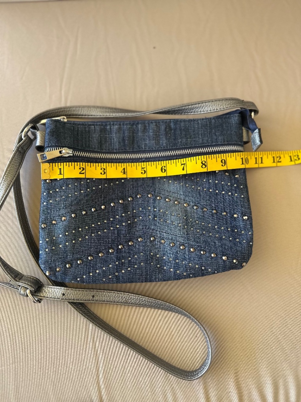 Blue Denim Rhinestone Studded Crossbody Bag - Picture 8 of 10